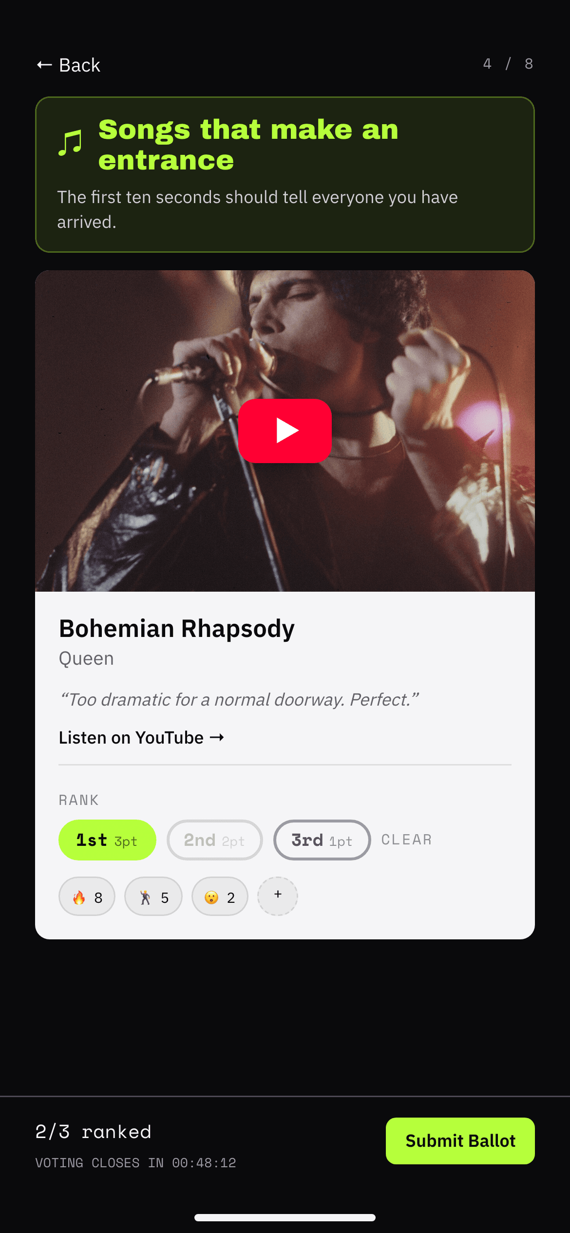 Cut Club ranked ballot for Queen's Bohemian Rhapsody with voting controls and a closing countdown